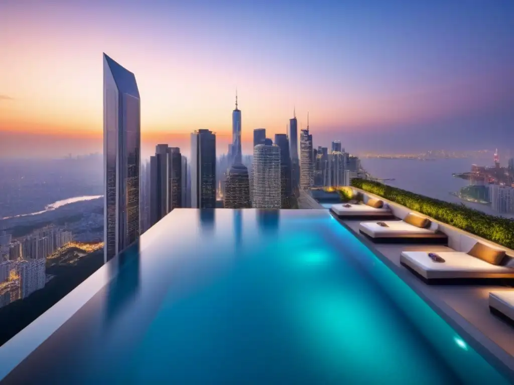 Edificio de lujo con piscina infinita en la azotea al atardecer Edificio de lujo con piscina infinita en la azotea y vistas a la ciudad al atardecer