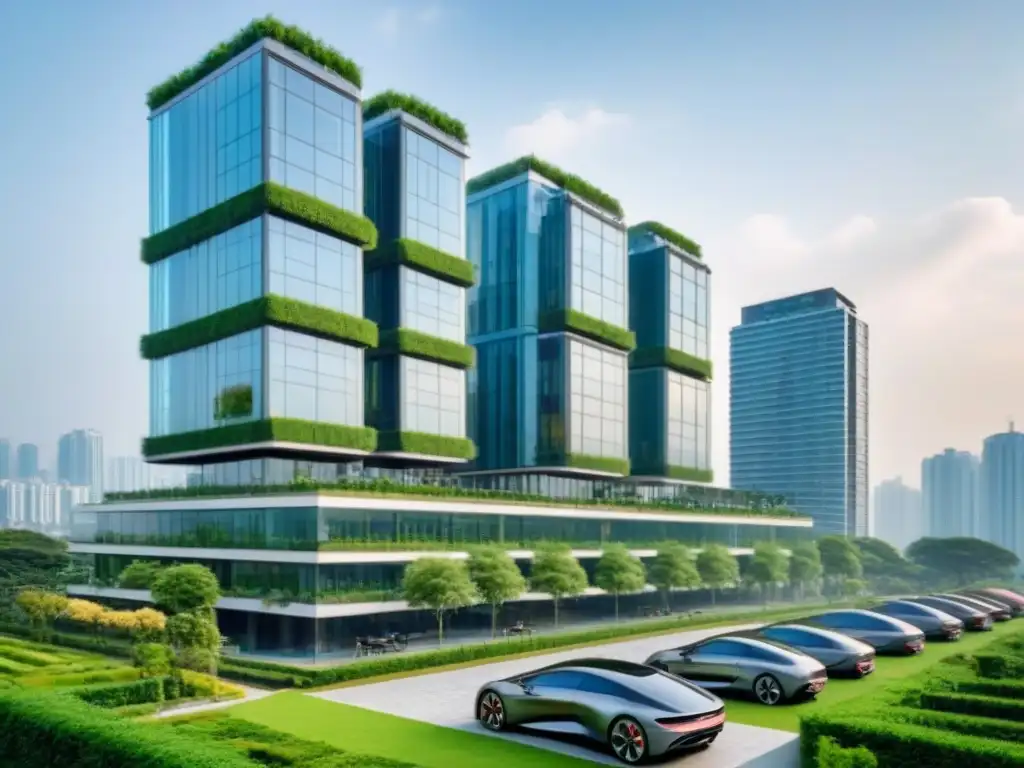 Edificio sostenible de lujo en ciudad asiática Un edificio de lujo y sostenible en una ciudad asiática, con arquitectura moderna y verde, paneles solares y jardín en la azotea
