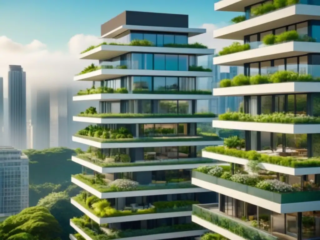 Edificio de lujo con jardines en azoteas verdes | Diseño moderno y natural Un edificio de lujo con techos verdes, arquitectura moderna y naturaleza en perfecta armonía