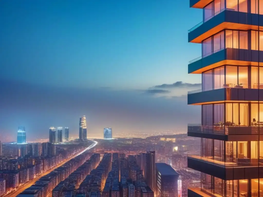 Inversión Exclusiva: Edificio de Lujo con Seguridad Avanzada Un edificio de lujo con tecnología de seguridad, reflejando la ciudad de noche
