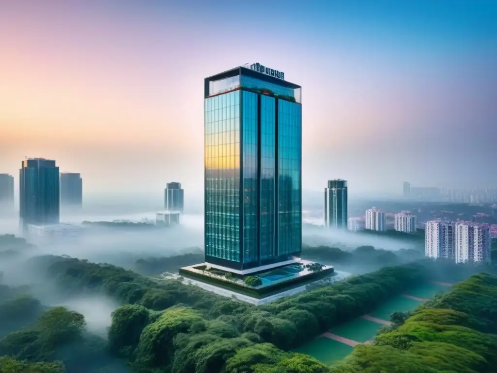 Edificio de lujo con diseño moderno y vistas urbanas al atardecer Un edificio de lujo con ventanales de piso a techo reflejando la vibrante ciudad al atardecer, rodeado de vegetación y arquitectura contemporánea