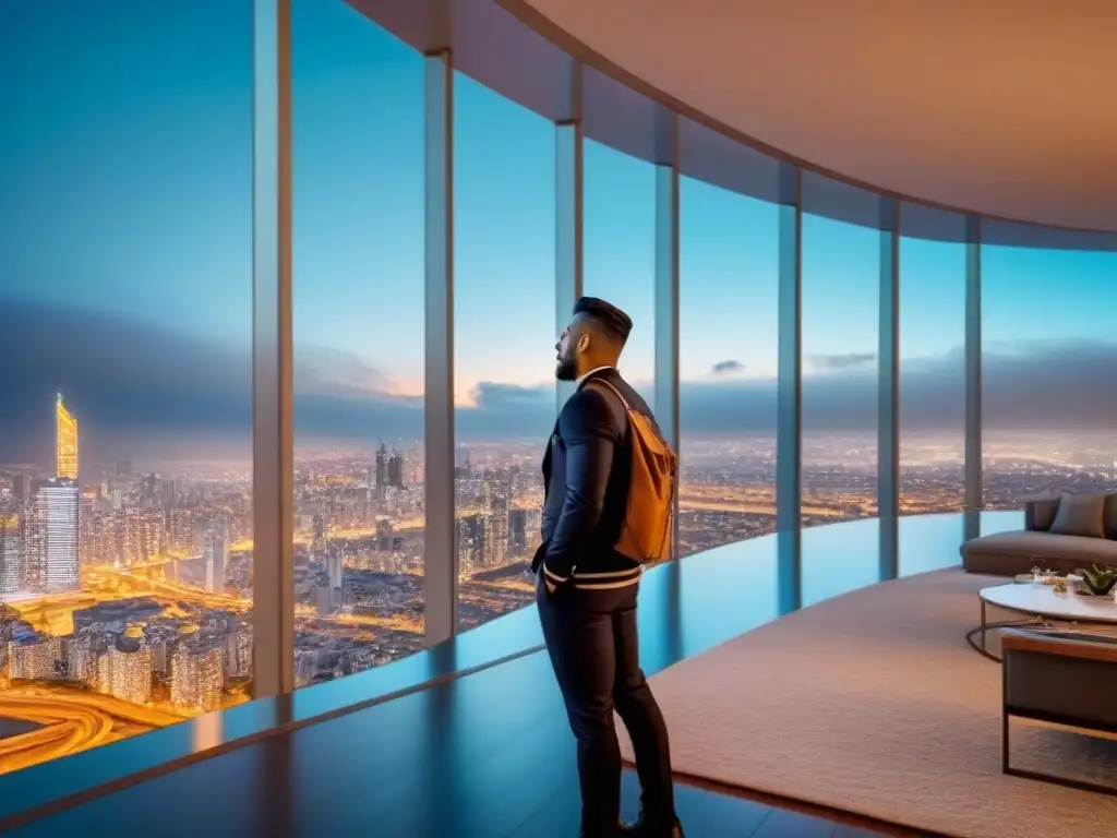 Edificio de lujo en la ciudad nocturna: inversión inmobiliaria exitosa Edificio de lujo con ventanales de piso a techo reflejando una vibrante ciudad de noche, destacando la importancia de las redes sociales en el crowdfunding inmobiliario