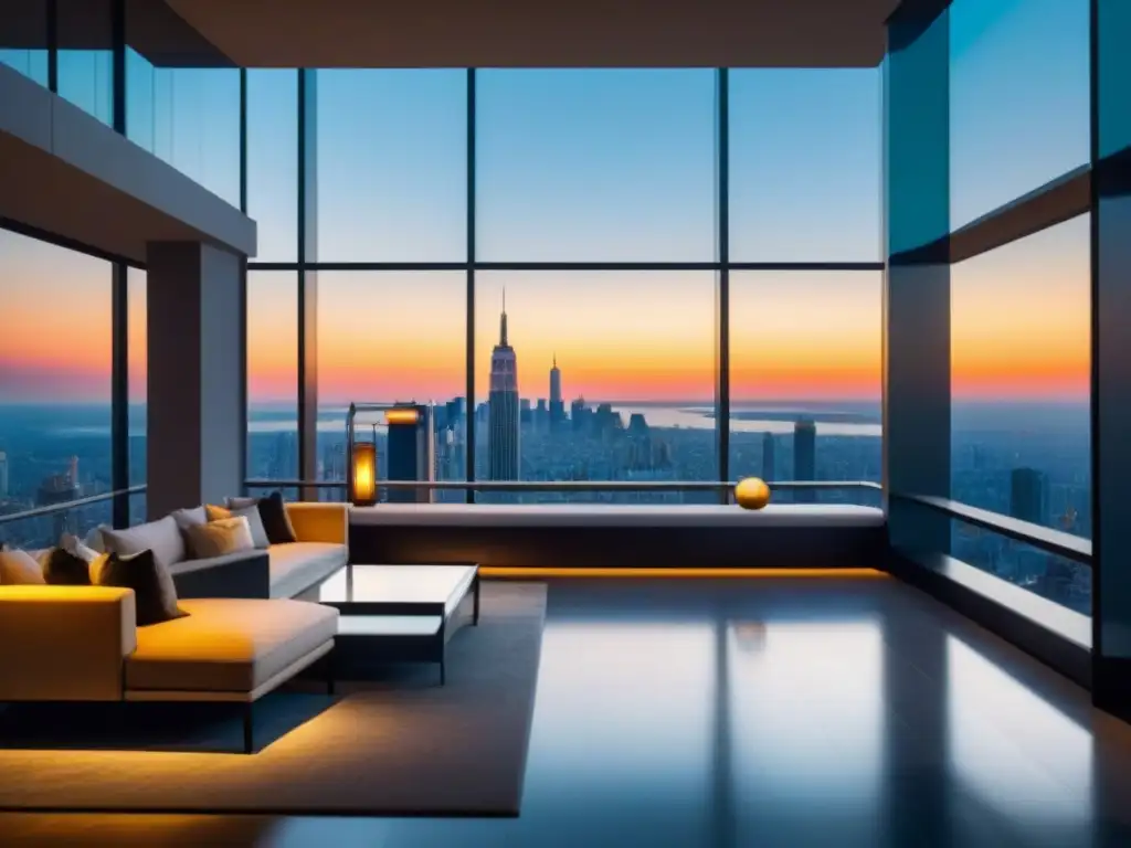 Espléndido atardecer en edificio de lujo con vista urbana Edificio de lujo con ventanales de piso a techo, reflejando la ciudad al atardecer