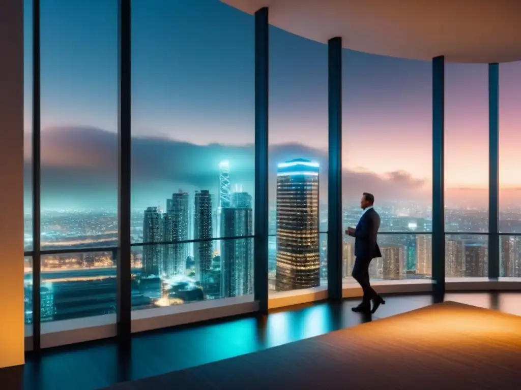 Edificio de lujo con ventanales de piso a techo reflejando la vibrante ciudad de noche, simbolizando oportunidades de inversión en bienes raíces internacionales y protección financiera