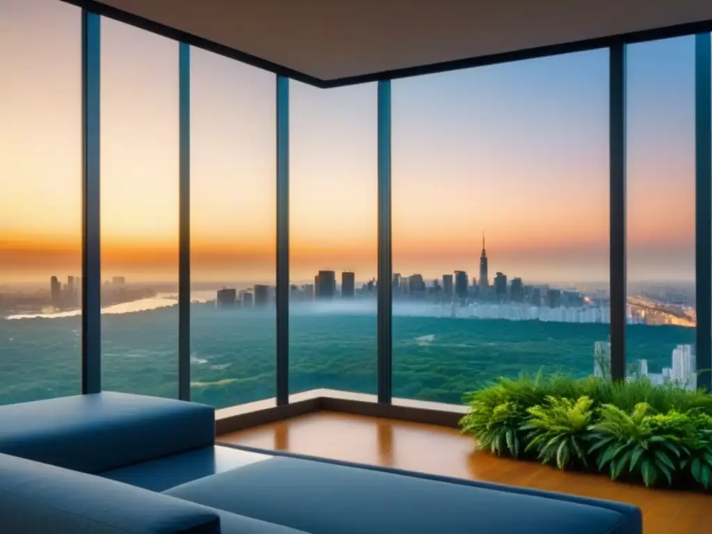 Rascacielos de lujo: atardecer dorado y sofisticación urbana Un edificio de lujo con ventanales y reflejos dorados del atardecer, rodeado de vegetación y un horizonte urbano brillante