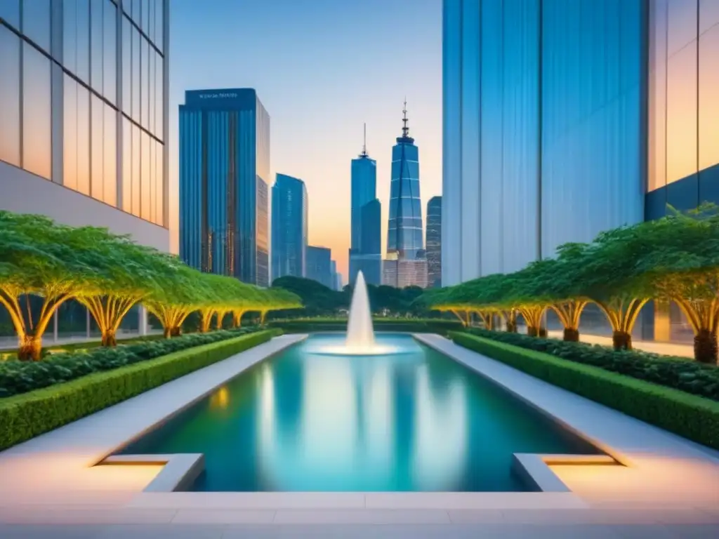 Edificio de lujo con vista panorámica al atardecer Edificio de lujo con ventanales que reflejan el skyline urbano al anochecer, rodeado de vegetación exuberante y una fuente