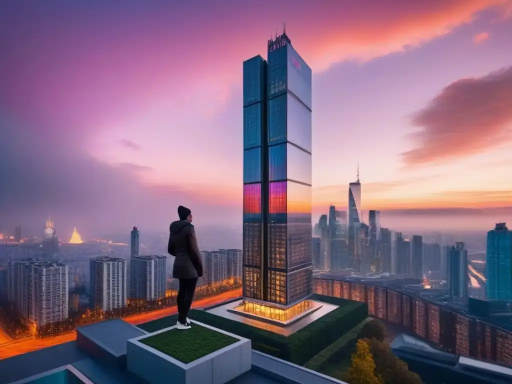Rascacielos de lujo con vista panorámica al atardecer Edificio de lujo con ventanas de piso a techo reflejando la ciudad al atardecer