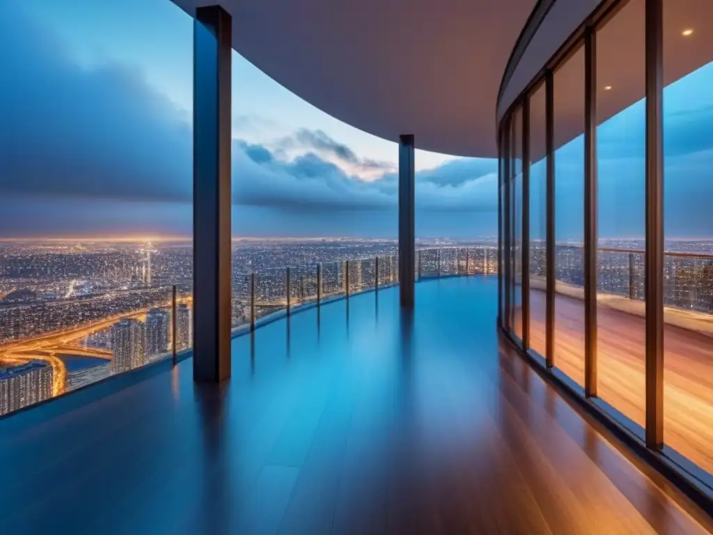Esplendor urbano: lujoso edificio con vista panorámica al atardecer Edificio de lujo con vista a la ciudad al atardecer, ideal para inversionistas