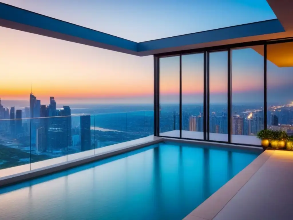 Condominio de lujo con vista panorámica al atardecer en la ciudad Edificio de lujo con vista panorámica de la ciudad al atardecer