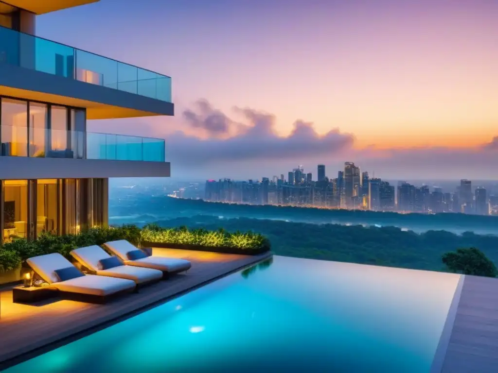 Edificio de lujo con vistas panorámicas y piscina infinita en la azotea Edificio de lujo con vistas panorámicas de la ciudad, rodeado de vegetación, piscina infinita en la azotea
