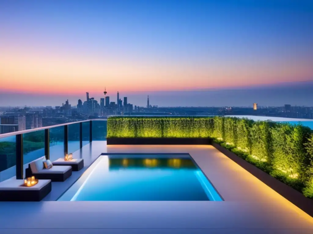 Edificio de lujo con vistas urbanas al atardecer y terraza chic Edificio de lujo con vistas urbanas al anochecer y terraza elegante, ideal para estrategias venta propiedades multifamiliares