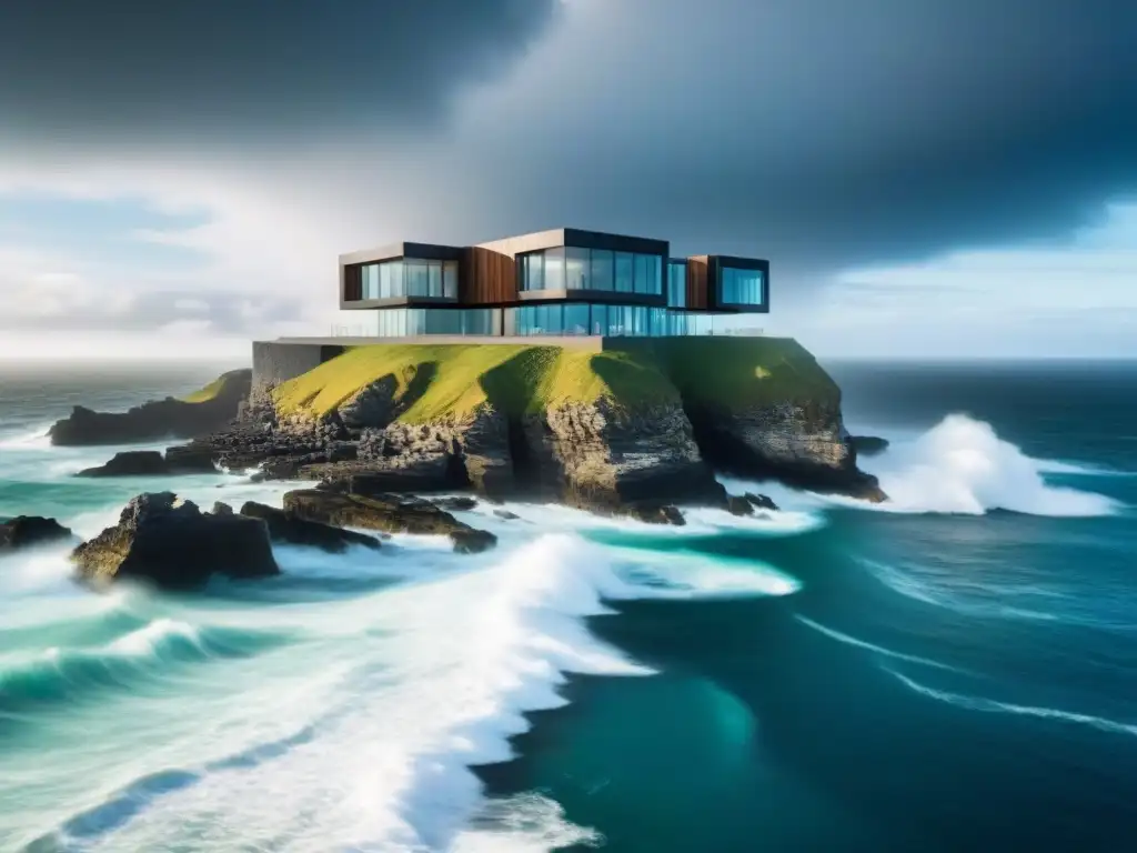 Residencia moderna en acantilado: protección ante la naturaleza Un edificio moderno en un acantilado, resistiendo al poder del mar durante una tormenta