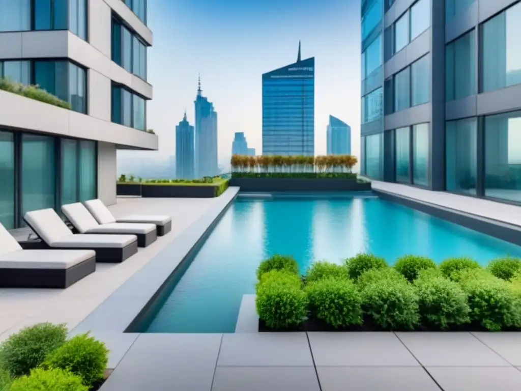 Edificio de lujo con diseño contemporáneo y áreas verdes en la ciudad Un edificio moderno de apartamentos de lujo con jardines verdes y una fuente, rodeado de rascacielos en una ciudad urbana