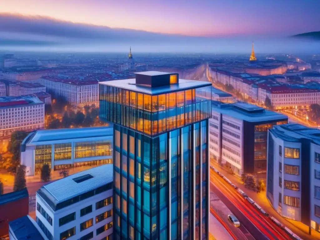 Edificio moderno en ciudad europea: reflejo del crecimiento Un edificio moderno se destaca entre la arquitectura del Este de Europa, reflejando el atardecer