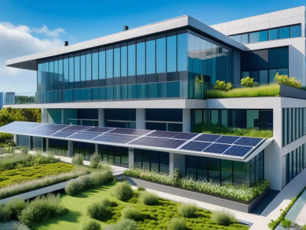 Edificio sostenible con jardín verde y energía solar Un edificio moderno con jardín en la azotea, paneles solares y sistema de recolección de agua, rodeado de elementos sostenibles
