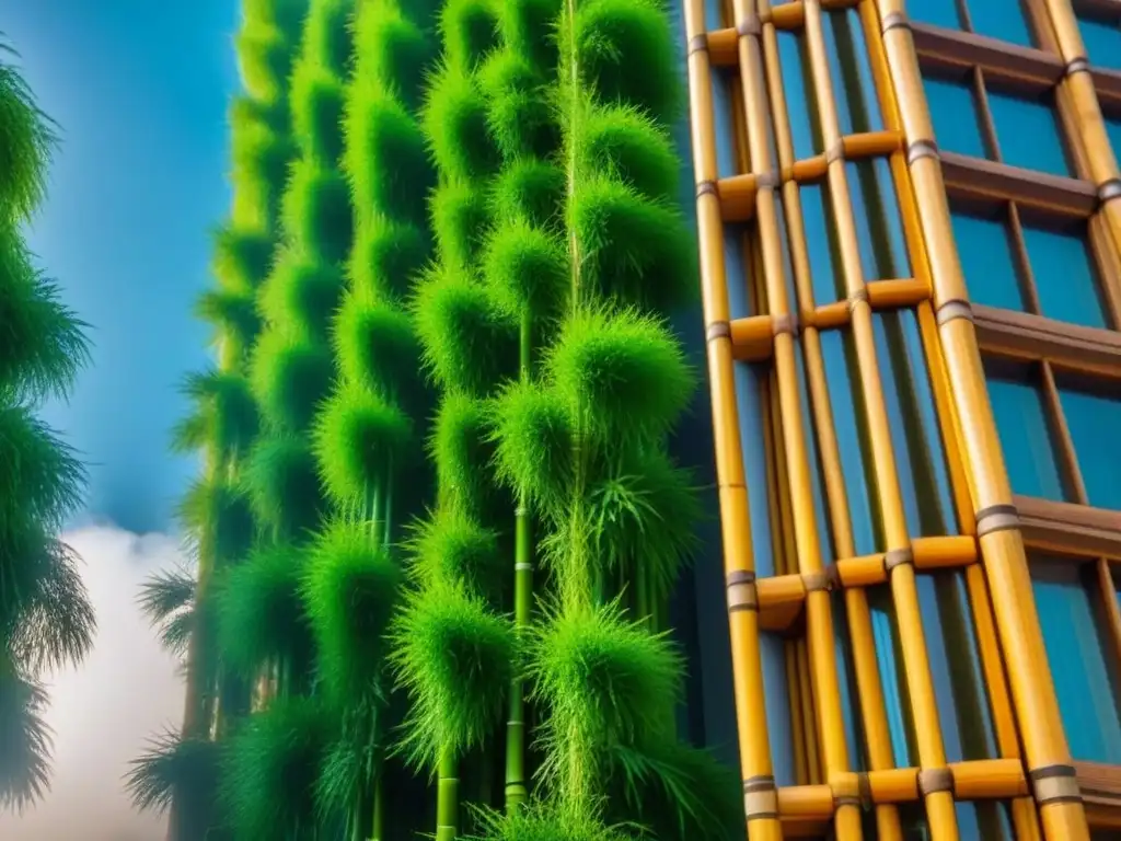 Edificio de bambú eco-friendly: innovación sostenible en 8k Edificio moderno de bambú rodeado de vegetación exuberante