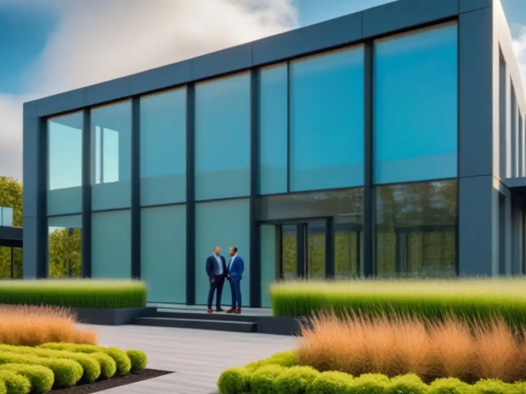 Edificio sostenible con certificaciones LEED y BREEAM: reunión colaborativa Un edificio moderno con certificación LEED y BREEAM rodeado de naturaleza, reflejando colaboración y sostenibilidad en el entorno empresarial