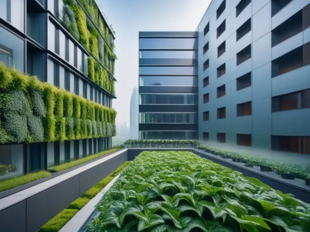 Edificio sostenible de diseño futurista en entorno verde Un edificio moderno con características sostenibles rodeado de vegetación exuberante, ideal para inversionistas globales mercado inmobiliario