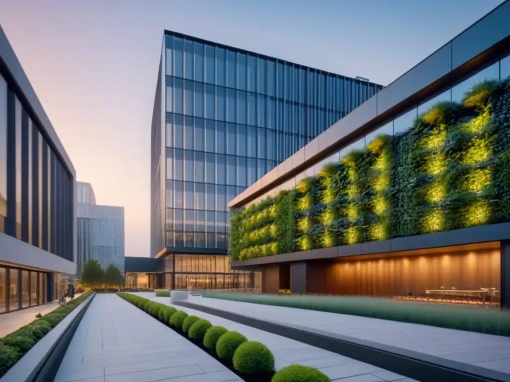 Rascacielos sostenible con certificaciones LEED y BREEAM Edificio moderno con certificaciones LEED y BREEAM, diseño sostenible y paisaje verde