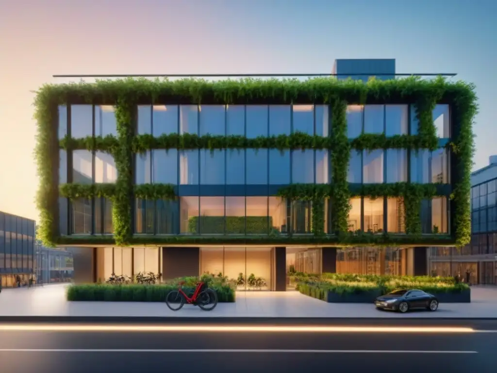 Edificio sustentable: diseño ecoamigable con armonía LEED y BREEAM Edificio moderno con certificaciones LEED y BREEAM, energía sustentable e inversores internacionales