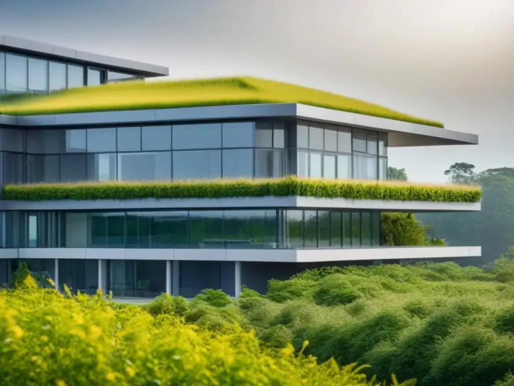 Edificio moderno con certificaciones LEED y BREEAM en pantalla digital Edificio moderno con certificaciones LEED y BREEAM en pantalla digital, resalta costo certificaciones LEED BREEAM