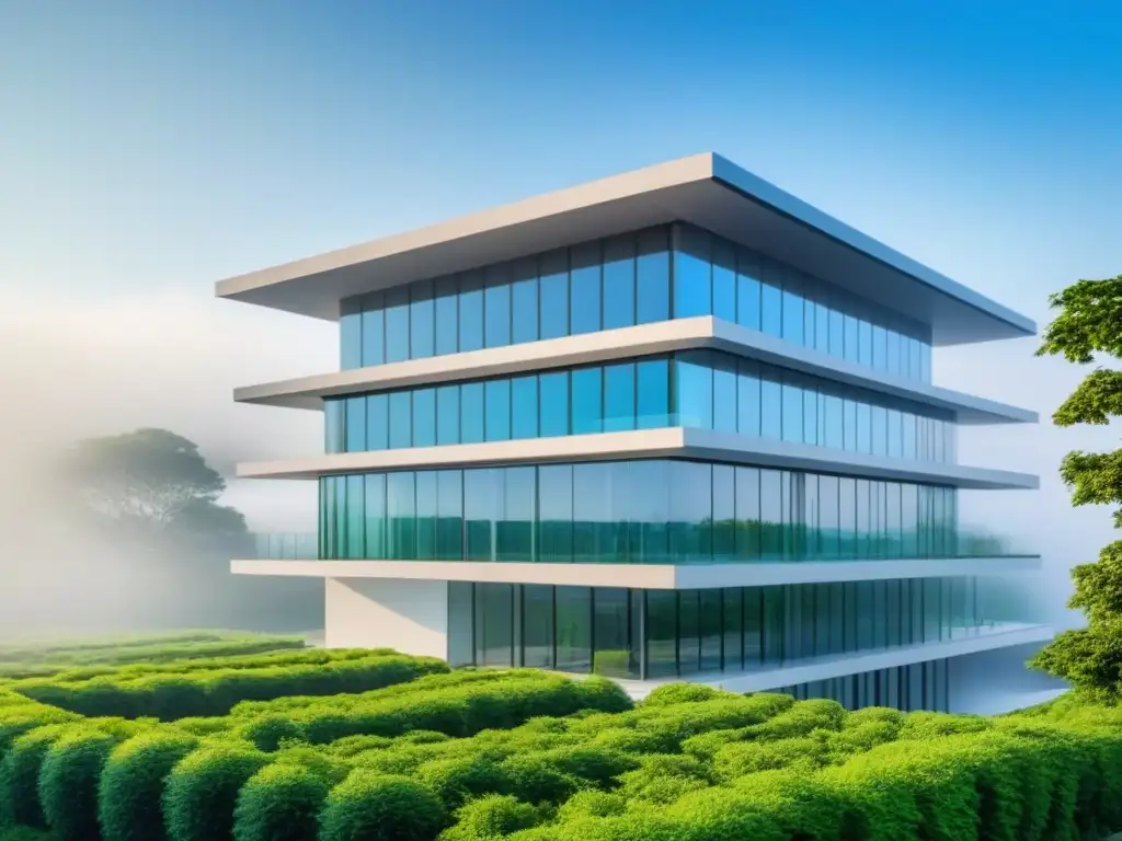 Edificio sostenible: diseño moderno y eficiente en energía Edificio moderno con certificaciones verdes que reducen costos operativos, rodeado de naturaleza y cielo azul