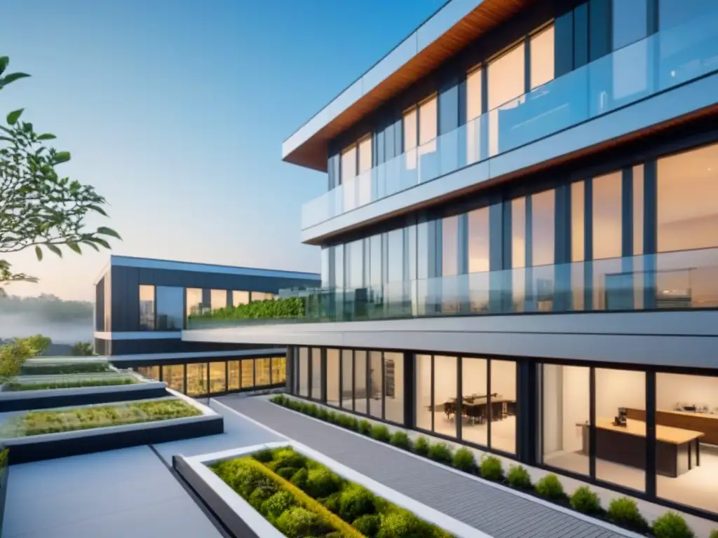 Edificio moderno LEED certificado: diseño sostenible en 8k Un edificio moderno certificado LEED con diseño sostenible: techos verdes, paneles solares, ventanas amplias y paisajismo ecoamigable