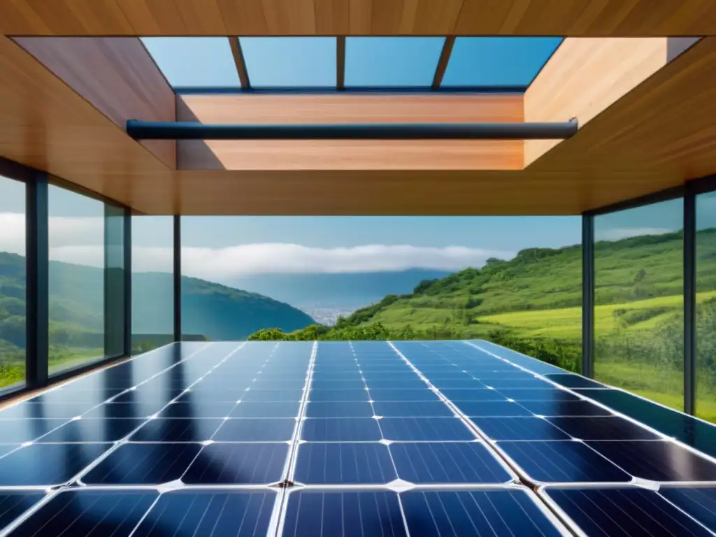 Edificio ecoamigable certificado rodeado de naturaleza exuberante Edificio moderno certificado rodeado de vegetación, paneles solares y diseño ecoeficiente