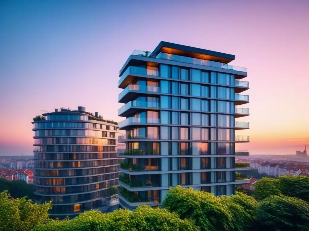 Edificio de lujo en Europa del Este: sofisticación urbana al atardecer Edificio moderno en ciudad del Este de Europa al atardecer, reflejando oportunidades inmobiliarias