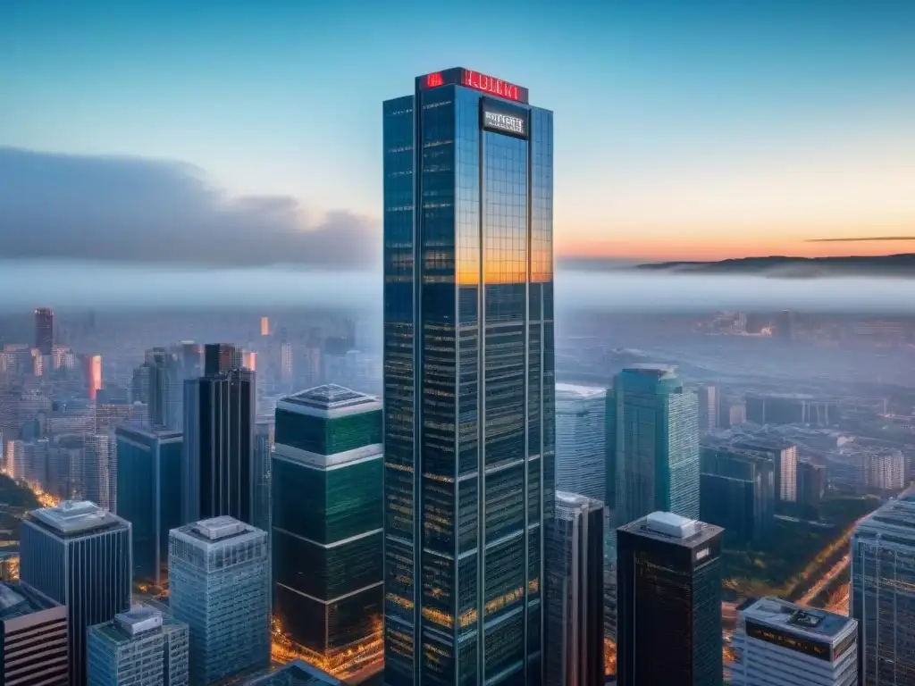 Edificio moderno en ciudad vibrante: luces y sombras en 8k Edificio moderno en una ciudad bulliciosa, reflejando luz y sombras