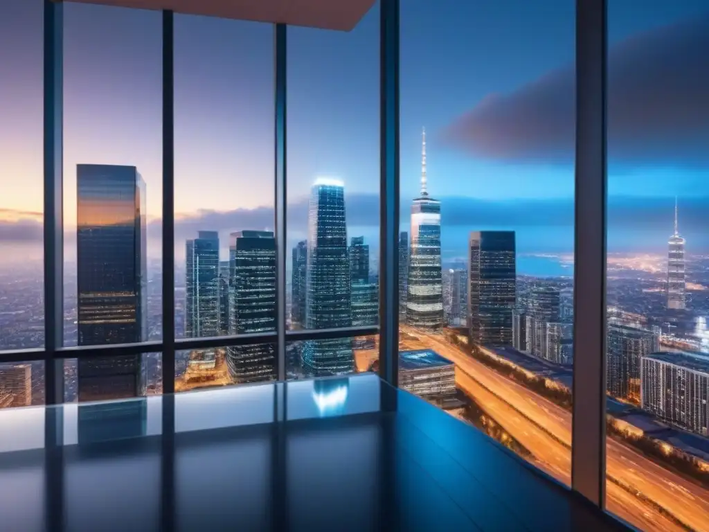 Edificio de oficinas futurista en la ciudad de noche Edificio moderno en la ciudad de noche, reflejando rascacielos iluminados