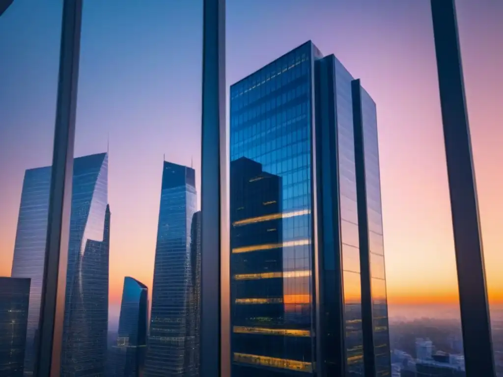 Edificio de oficinas moderno y sofisticado en la ciudad al atardecer Edificio moderno de cristal reflejando la ciudad al atardecer, simbolizando sinergias postfusión rentabilidad inmobiliaria