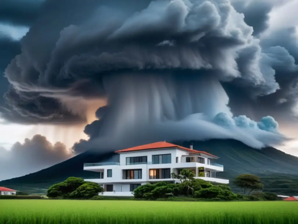 Residencia moderna resistiendo desastre natural: importancia del seguro Edificio moderno resistiendo desastre natural, resaltando la importancia de asegurar propiedad en zonas vulnerables