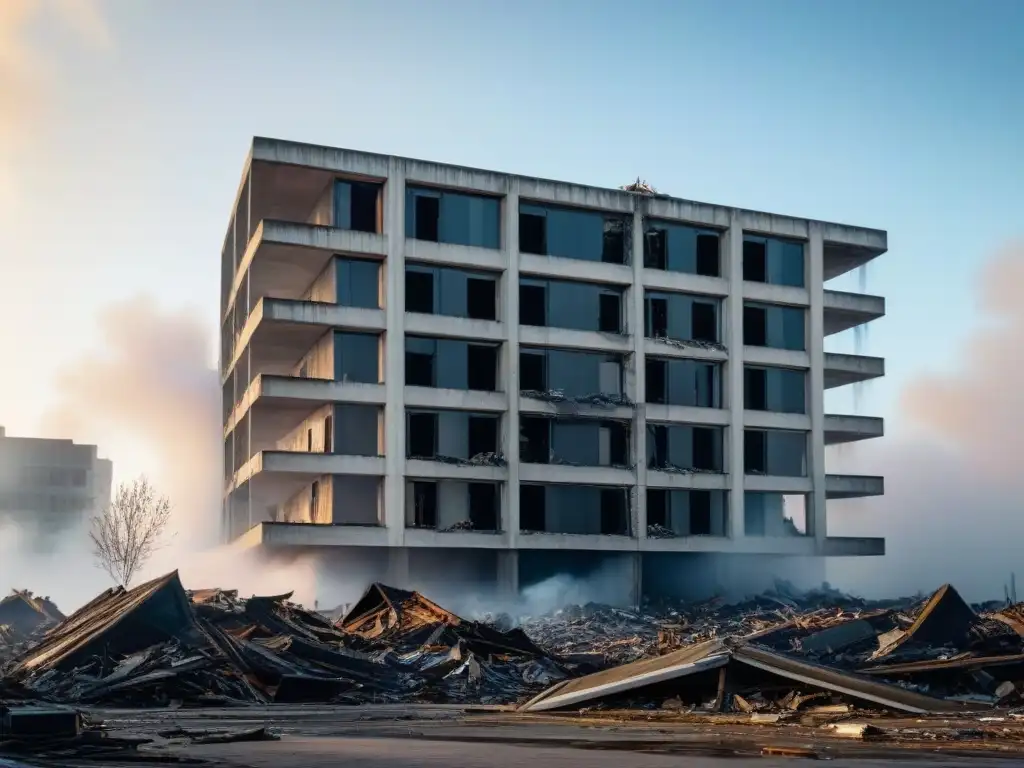 Edificio moderno en medio de la devastación: resiliencia ante la adversidad Edificio moderno sobrevive desastre natural
