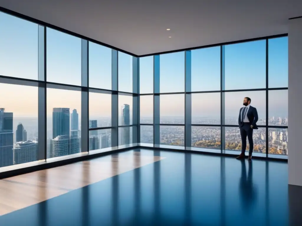 Edificio moderno con diseño arquitectónico elegante y ventanas de piso a techo, reflejando la ciudad