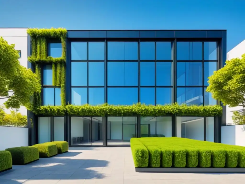 Edificio sostenible con diseño moderno y jardín en la azotea Edificio moderno con diseño energéticamente eficiente y beneficios para inquilinos, rodeado de naturaleza y cielo azul claro