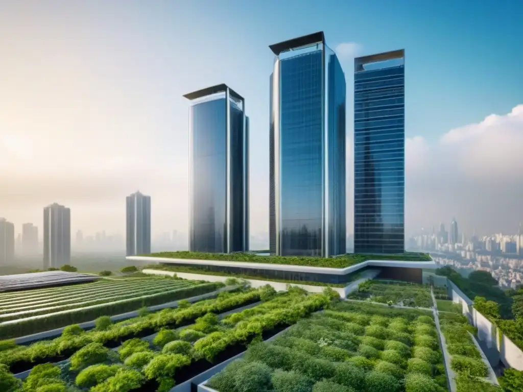 Edificio futurista de lujo y sostenibilidad en entorno urbano verde Edificio moderno con diseño futurista, rodeado de vegetación y ciudad