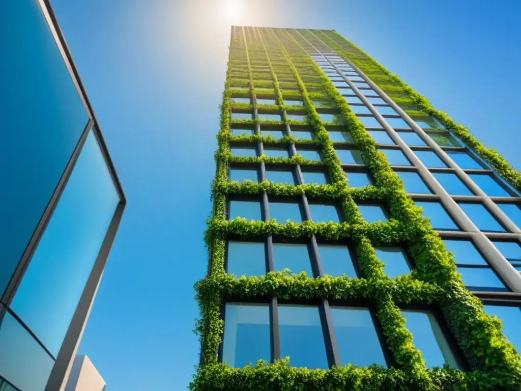 Edificio eco-sostenible: diseño moderno y verde Edificio moderno con diseño sostenible y muros verdes, paneles solares y amplias ventanas bajo cielo azul