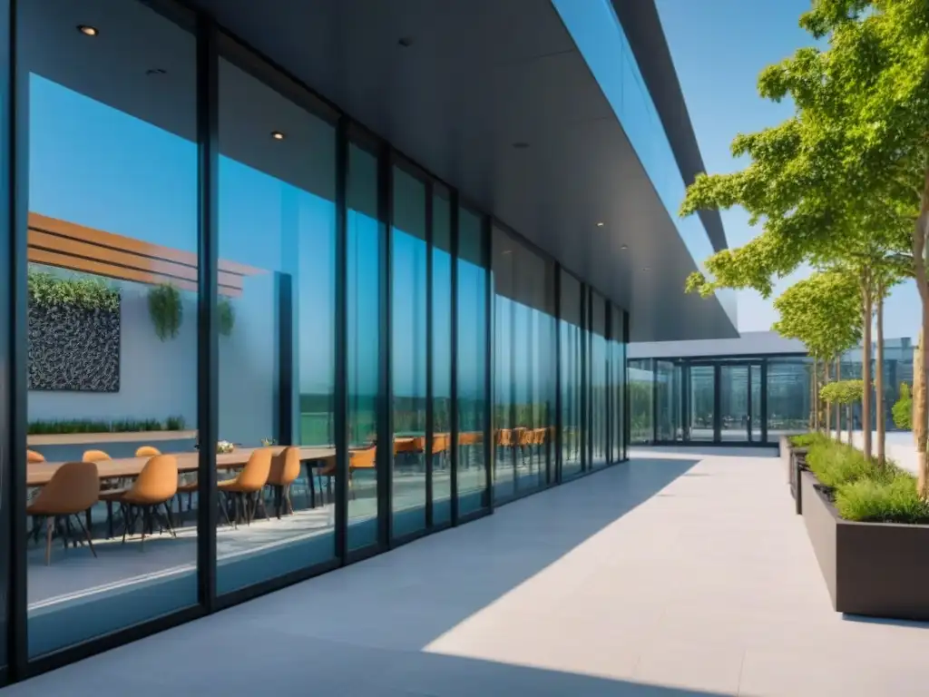 Edificio sustentable y saludable: diseño vanguardista con Fitwel Edificio moderno con diseño sustentable y certificación Fitwel, rodeado de naturaleza y áreas al aire libre
