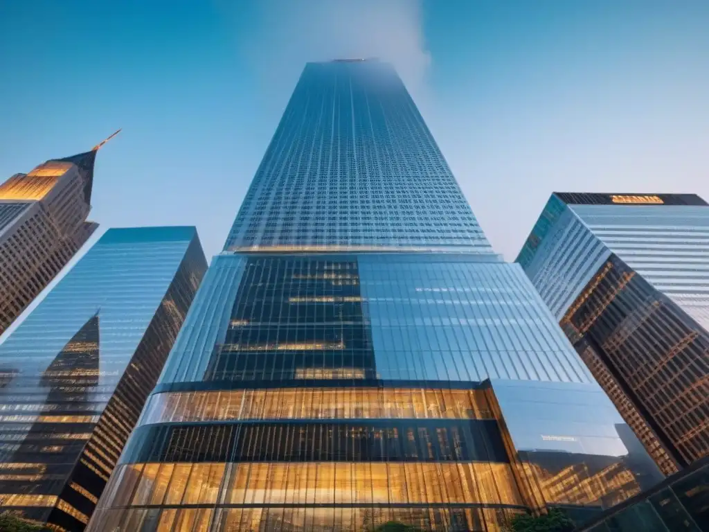Edificio de éxito: fusión de real estate y criptomonedas Edificio moderno en distrito financiero con símbolos de criptomonedas, reflejando éxito en inversiones inmobiliarias internacionales con criptomonedas