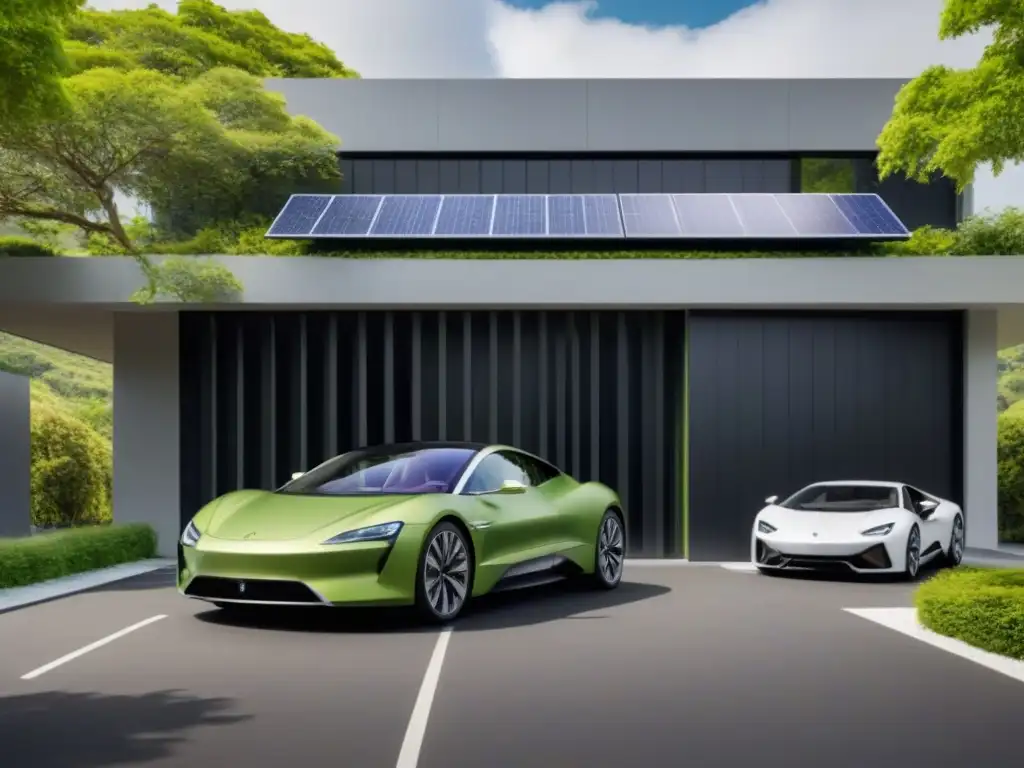 Propiedad verde: innovación sostenible y beneficios fiscales Un edificio moderno ecoamigable con paneles solares, vegetación exuberante y un auto eléctrico
