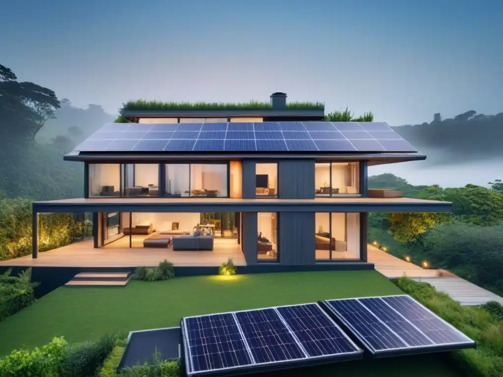 Edificio ecofriendly: diseño innovador y sostenible en arquitectura urbana Un edificio moderno ecoamigable con paneles solares y diseño sostenible, rodeado de vegetación exuberante