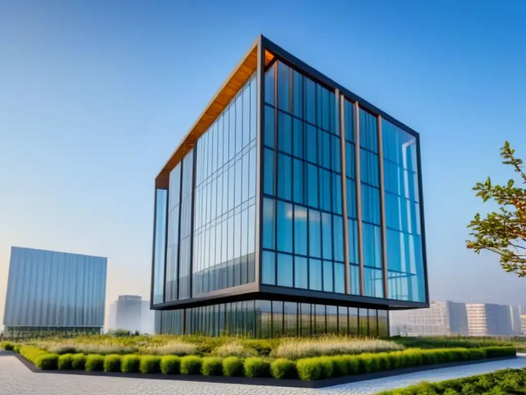 Edificio moderno y sostenible con paneles solares y techos verdes Un edificio moderno y eficiente con paneles solares y techos verdes