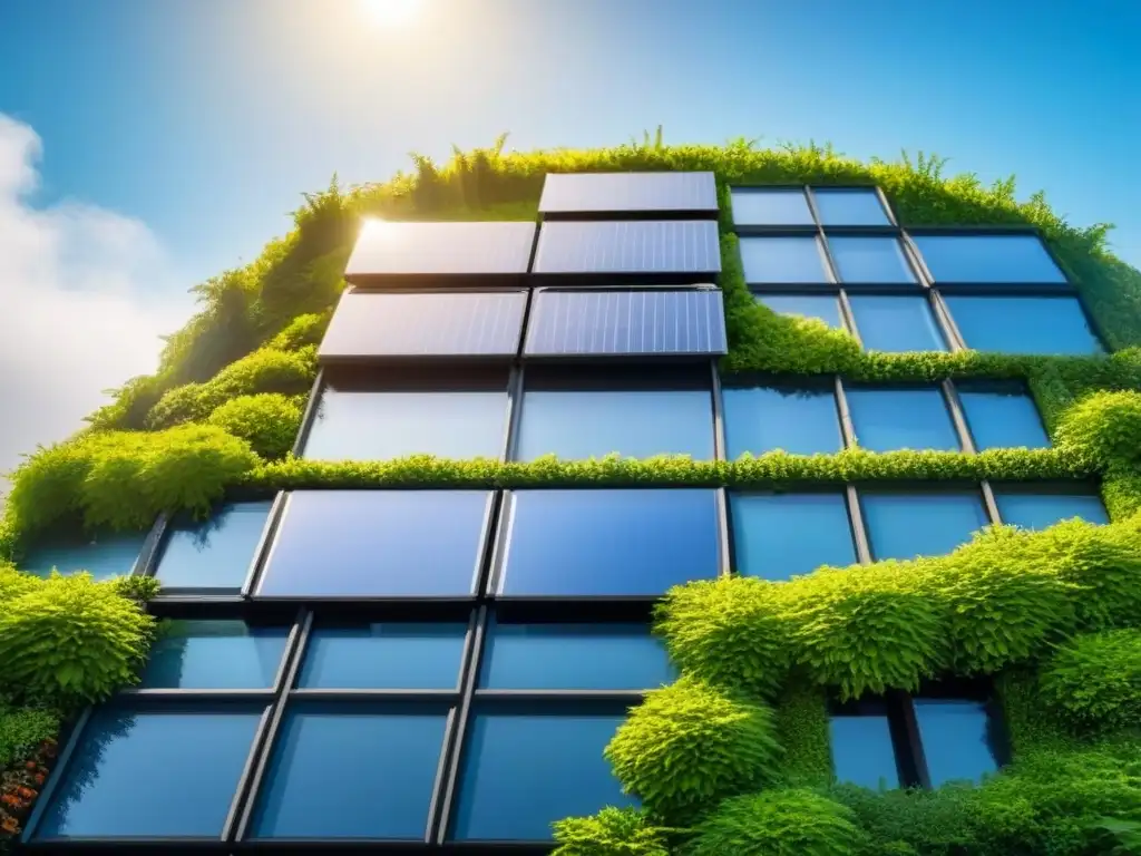 Edificio energético con paneles solares y diseño innovador Un edificio moderno y energéticamente eficiente con paneles solares en el techo, rodeado de vegetación exuberante y cielo azul