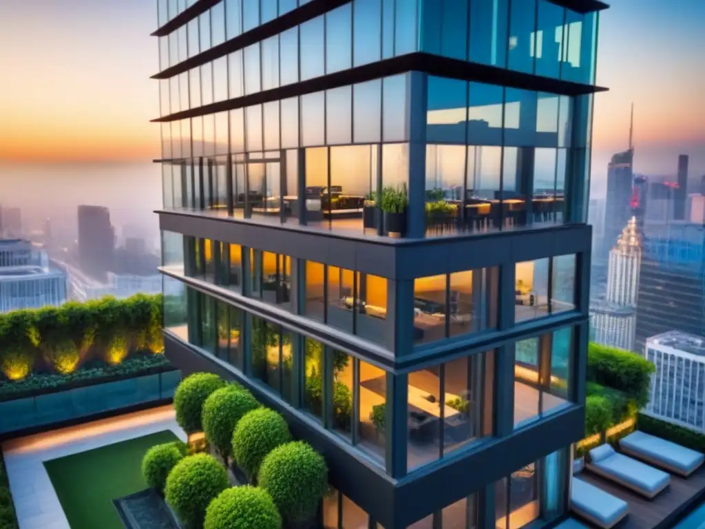 Oficina moderna con oasis urbano en la azotea Un edificio moderno y elegante destaca en el centro de la ciudad, reflejando los rascacielos circundantes