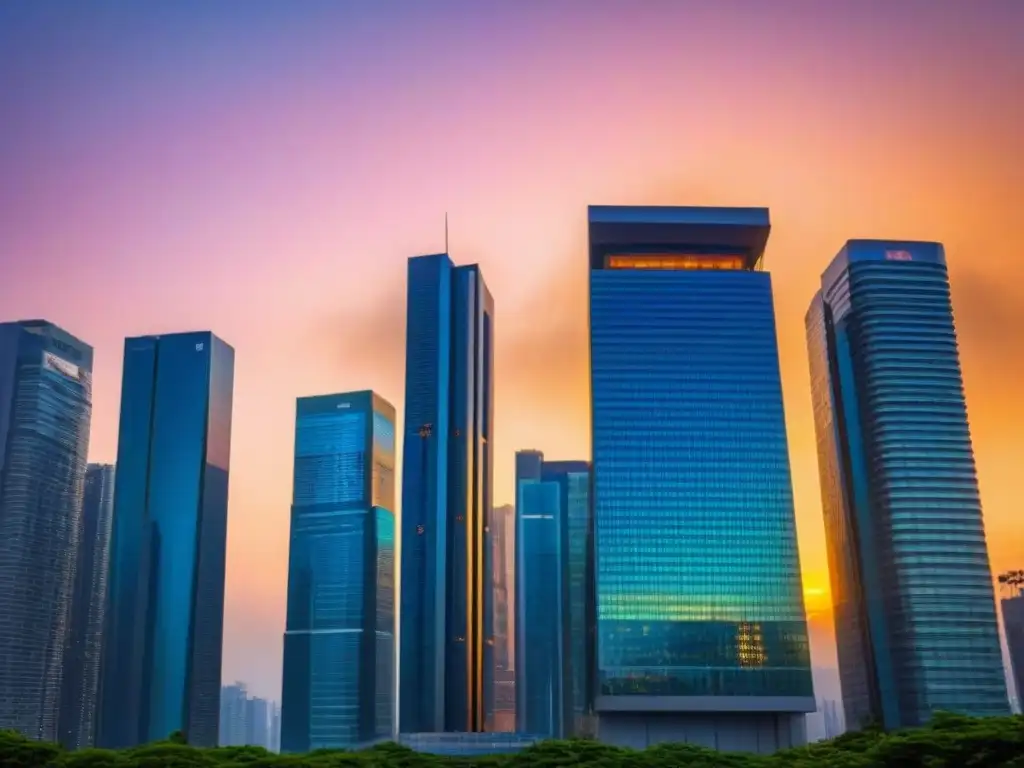 Edificio de lujo en ciudad internacional: atardecer vibrante Un edificio moderno y elegante en una ciudad internacional, reflejando el atardecer vibrante