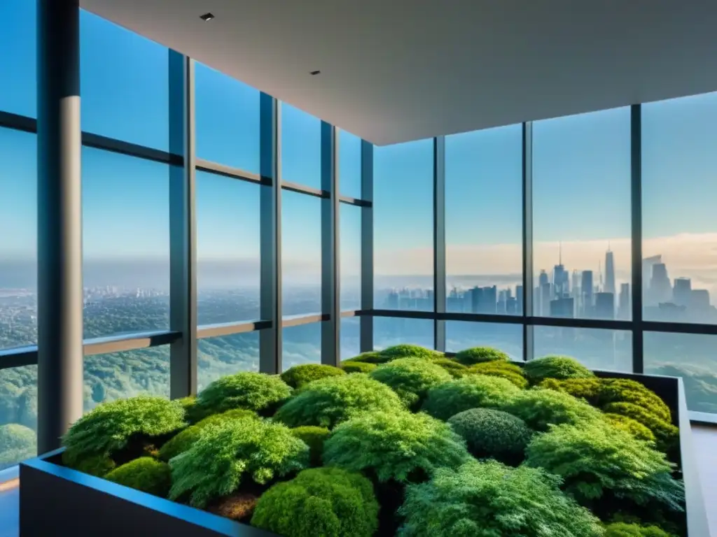Edificio moderno de oficinas: sofisticación y éxito inmobiliario Un edificio moderno y elegante con diseño arquitectónico impactante, rodeado de vegetación y cielo azul