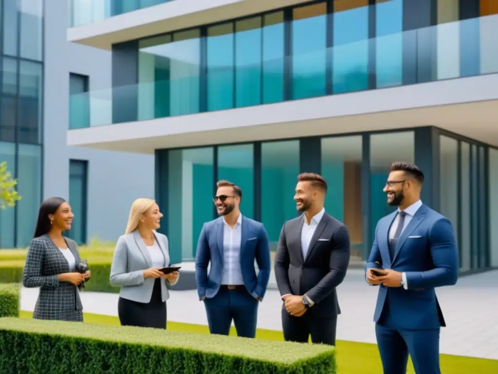 Inversión segura: Edificio moderno con inquilinos confiables y profesionales Un edificio moderno y elegante con inquilinos confiables sosteniendo llaves y sonriendo
