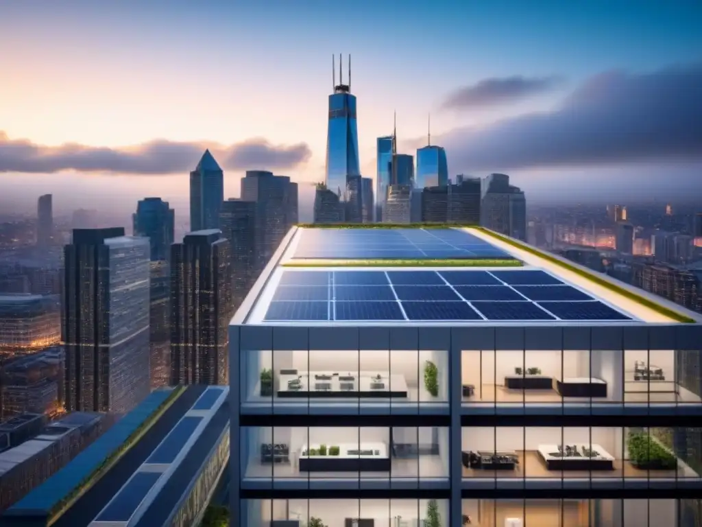 Edificio moderno con energía solar en la ciudad Edificio moderno con energía eficiente en mercado inmobiliario internacional