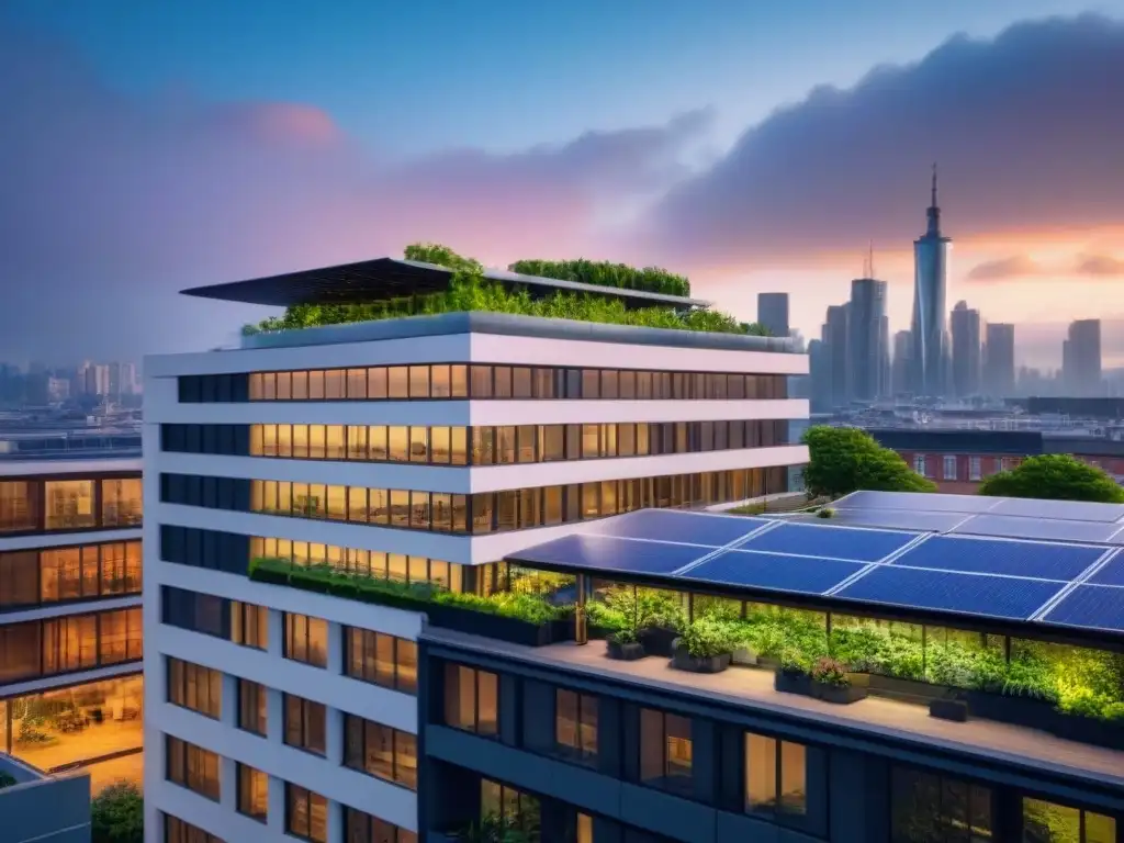 Edificio moderno con energía verde y eficiencia, reducir huella carbono edificios eficiencia